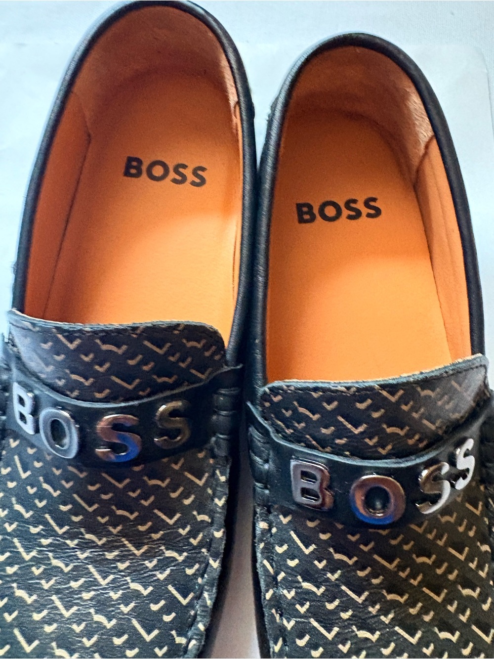 BOSS Boys’ Black Patterned Leather Loafers with Silver Logo - EUR 34 (US 2.5-3)